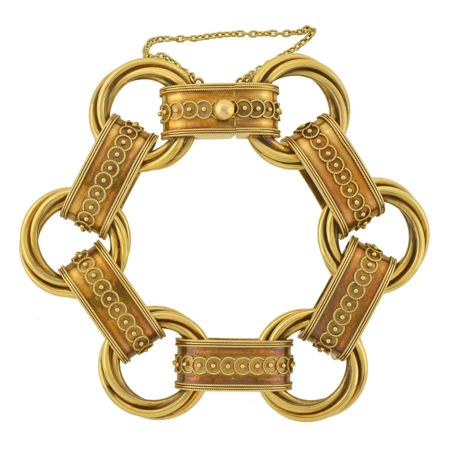 Victorian Unusual Etruscan Link Gold Book Chain Bracelet