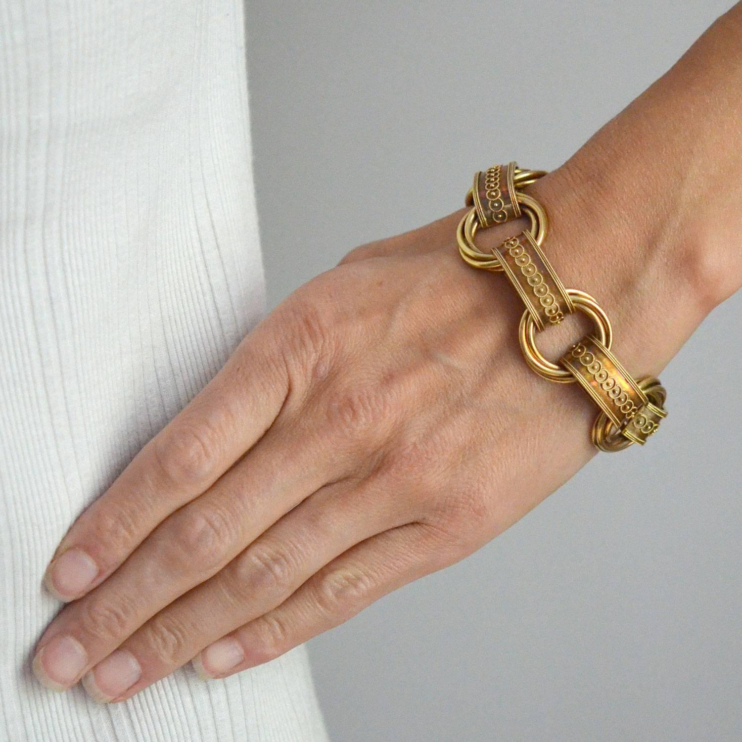 Victorian Unusual Etruscan Link Gold Book Chain Bracelet In Excellent Condition In Narberth, PA