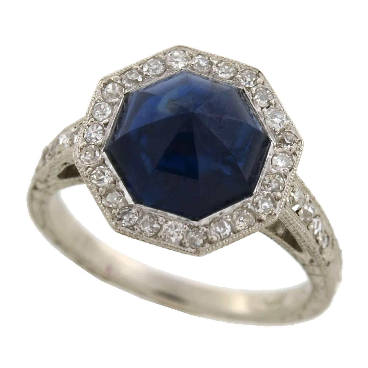 Women's Art Deco 2.25 Carat Octagonal Cabochon Cut Sapphire Diamond Ring