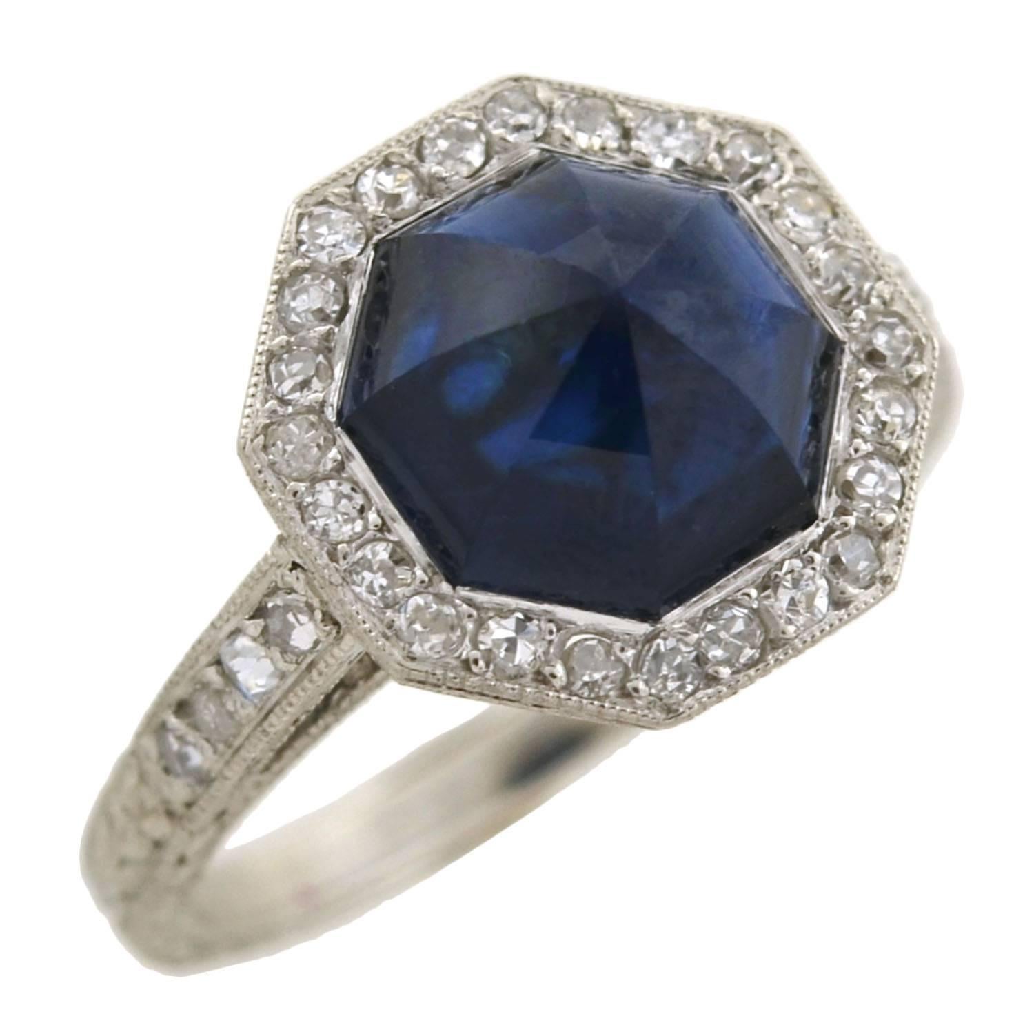 Art Deco 2.25 Carat Octagonal Cabochon Cut Sapphire Diamond Ring 1