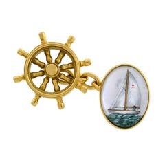Vintage Reverse Carved Rock Crystal Sailboat Nautical Cufflinks