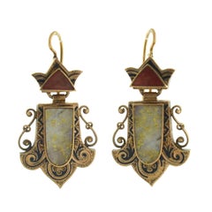 Antique Victorian Carnelian Gold Quartz Enameled Earrings