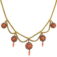 Victorian Natural Coral Rose Cut Diamond Festoon Necklace