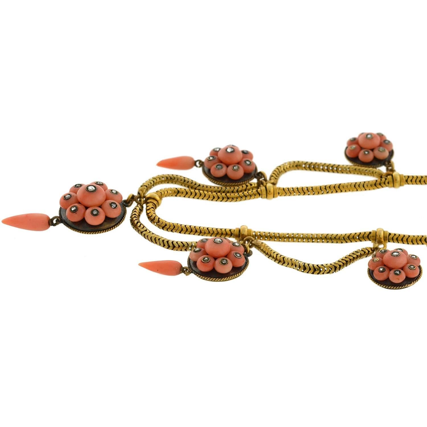Victorian Natural Coral Rose Cut Diamond Festoon Necklace In Excellent Condition In Narberth, PA