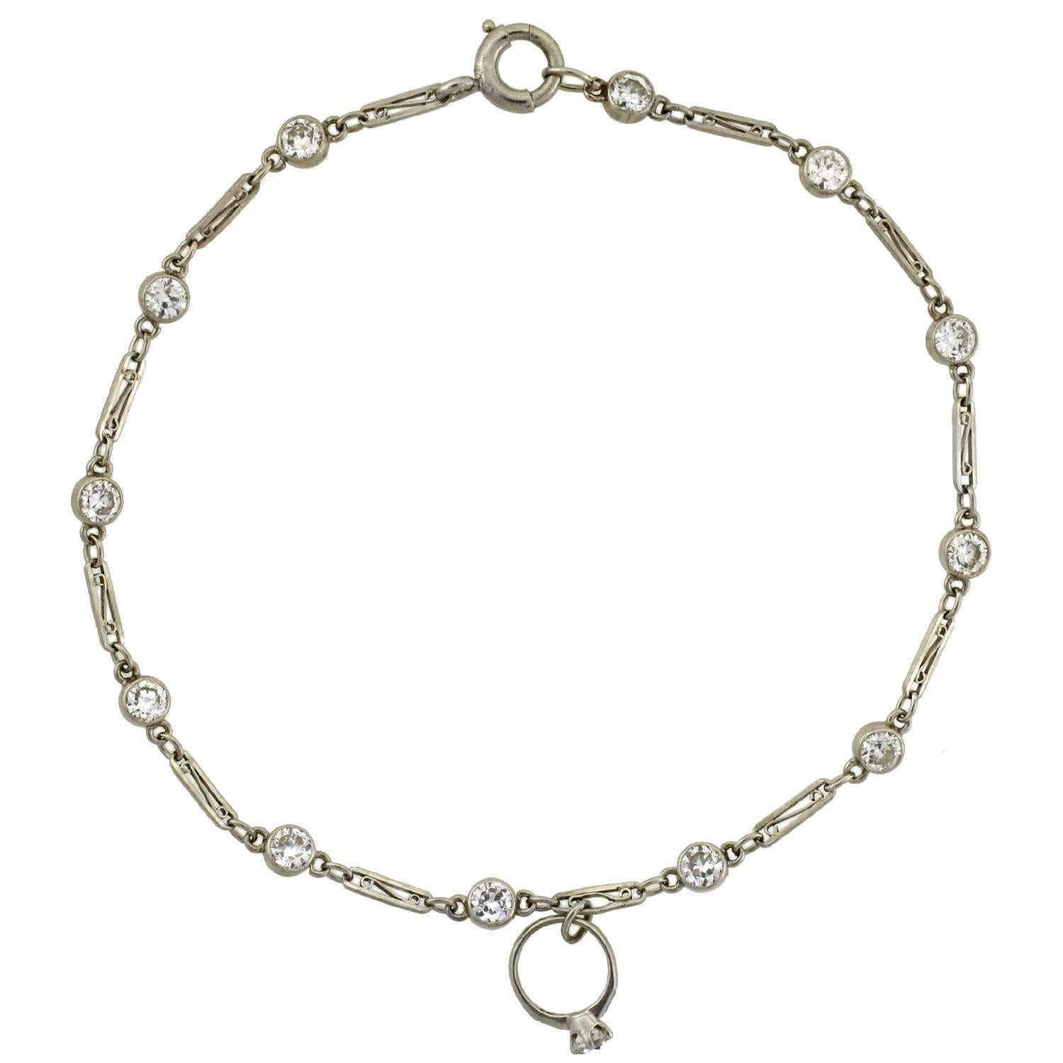 Art Deco Diamond Mini Engagement Ring Charm Platinum Link Bracelet