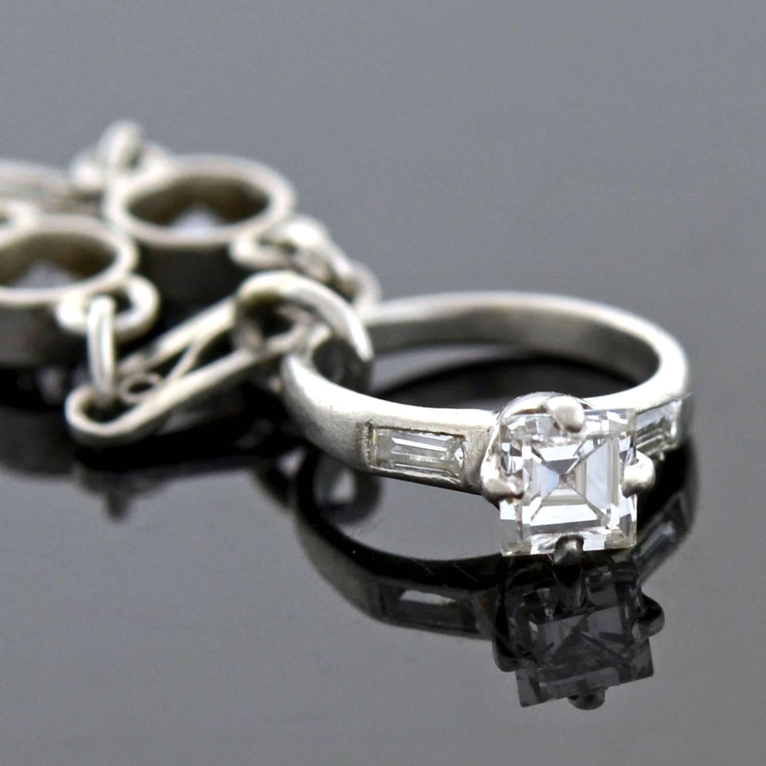 Women's Art Deco Diamond Mini Engagement Ring Charm Platinum Link Bracelet