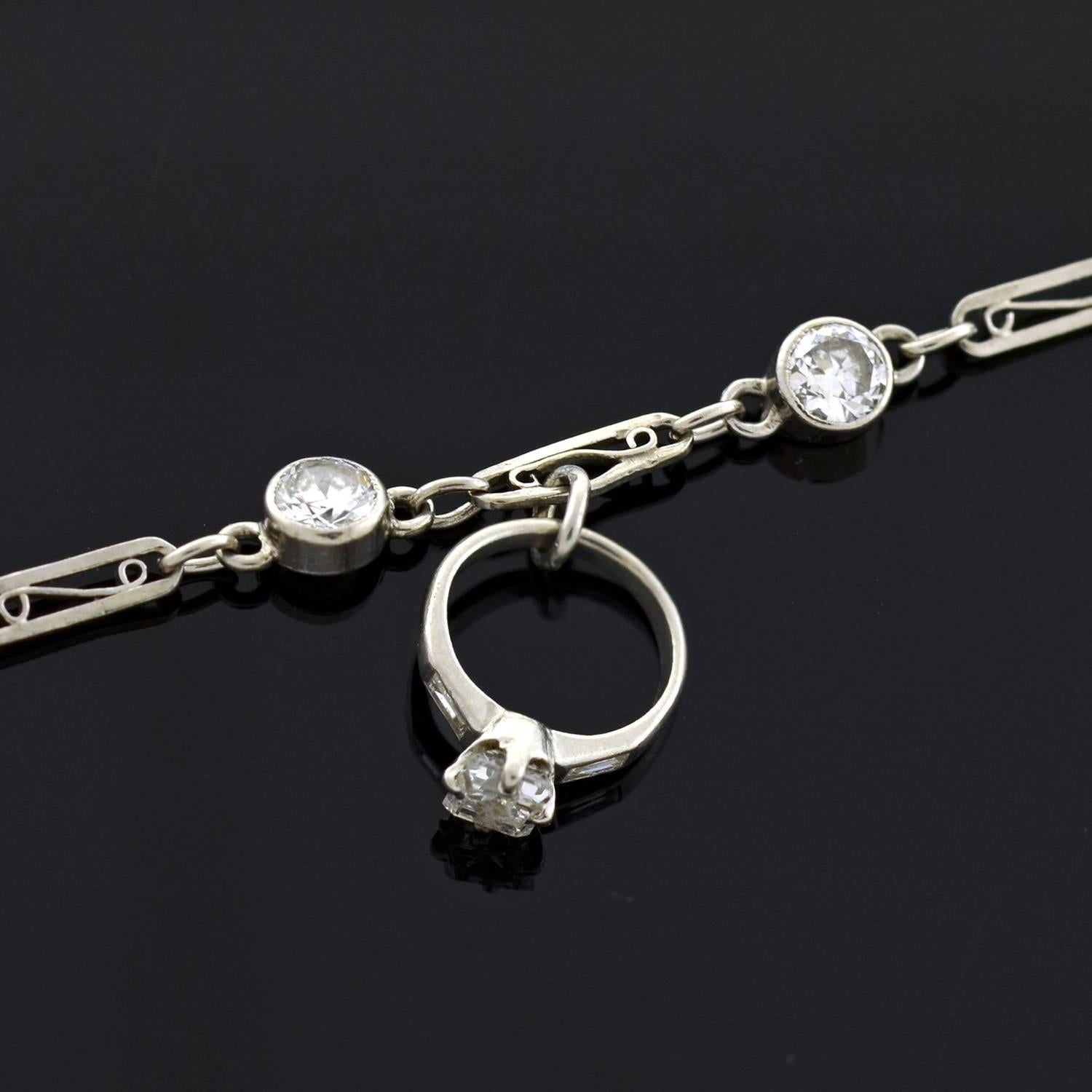 Art Deco Diamond Mini Engagement Ring Charm Platinum Link Bracelet In Excellent Condition In Narberth, PA