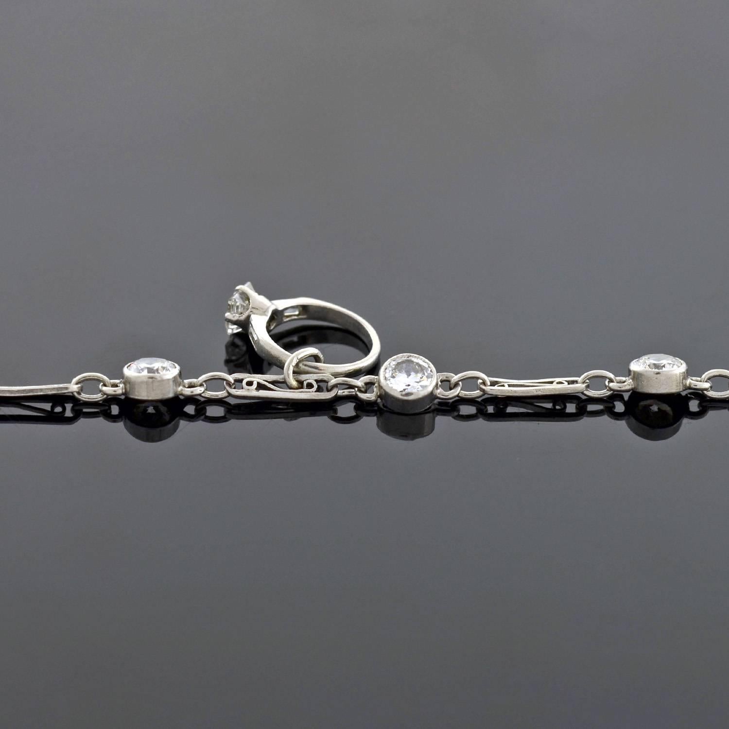 Art Deco Diamond Mini Engagement Ring Charm Platinum Link Bracelet 1