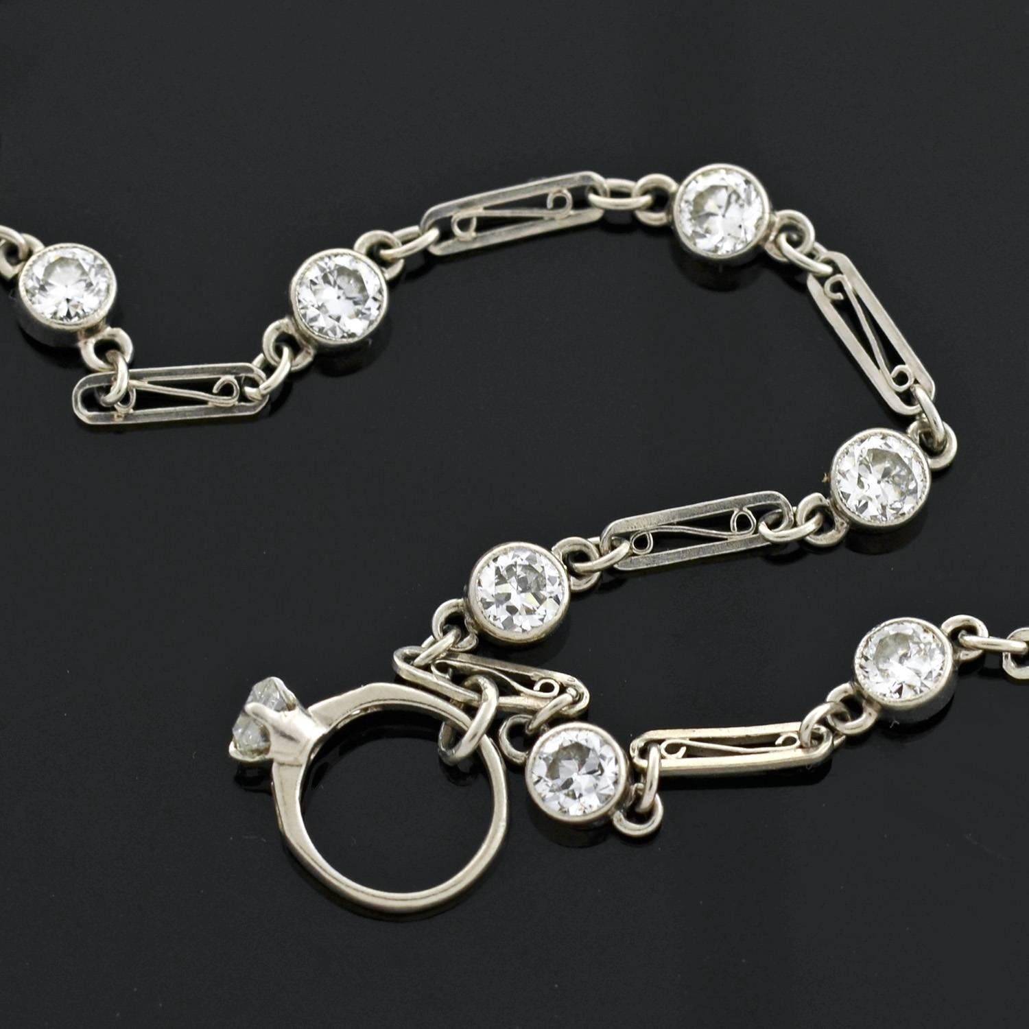 Art Deco Diamond Mini Engagement Ring Charm Platinum Link Bracelet 2