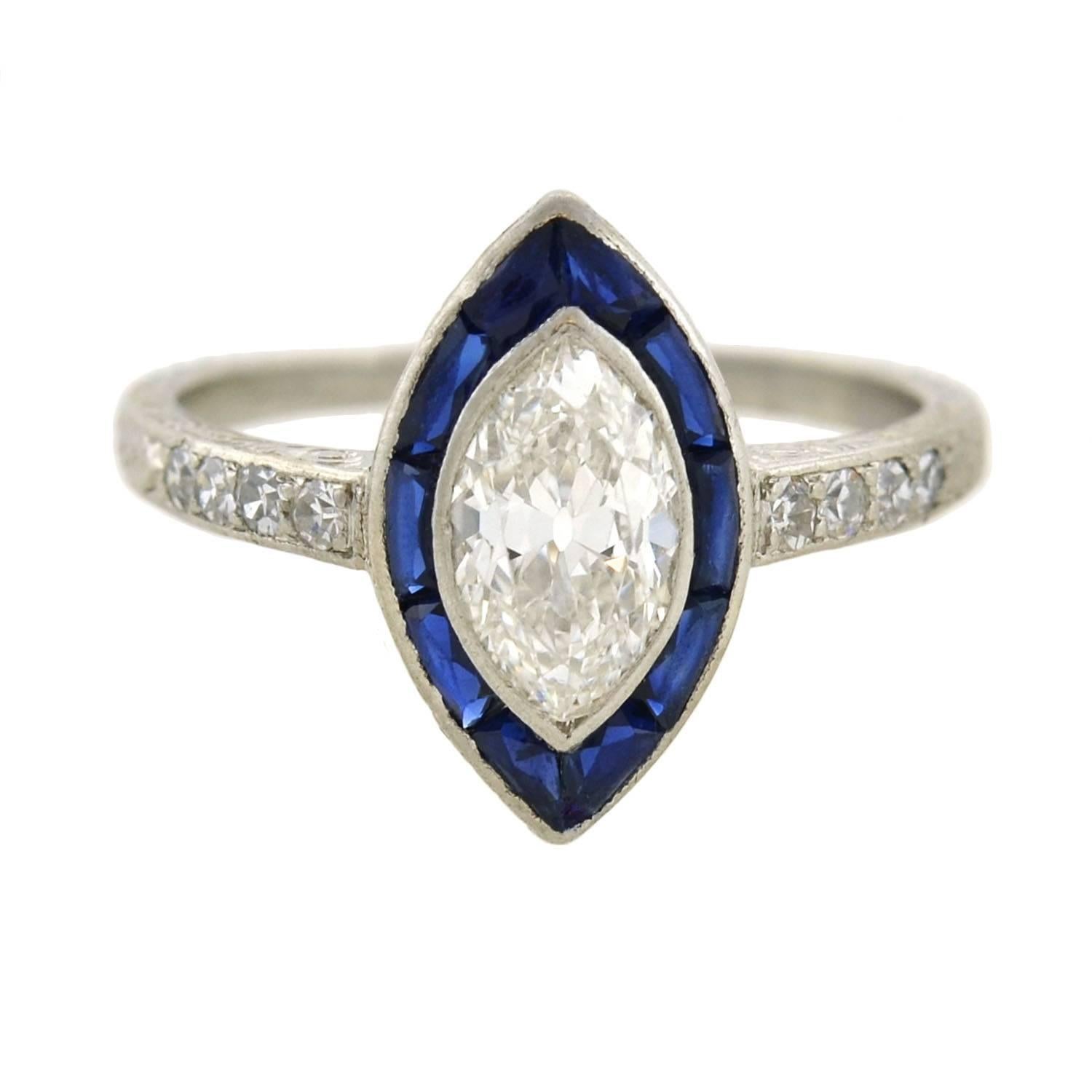 Art Deco 1.00 Carat Marquis Cut Diamond Sapphire Engagement Ring