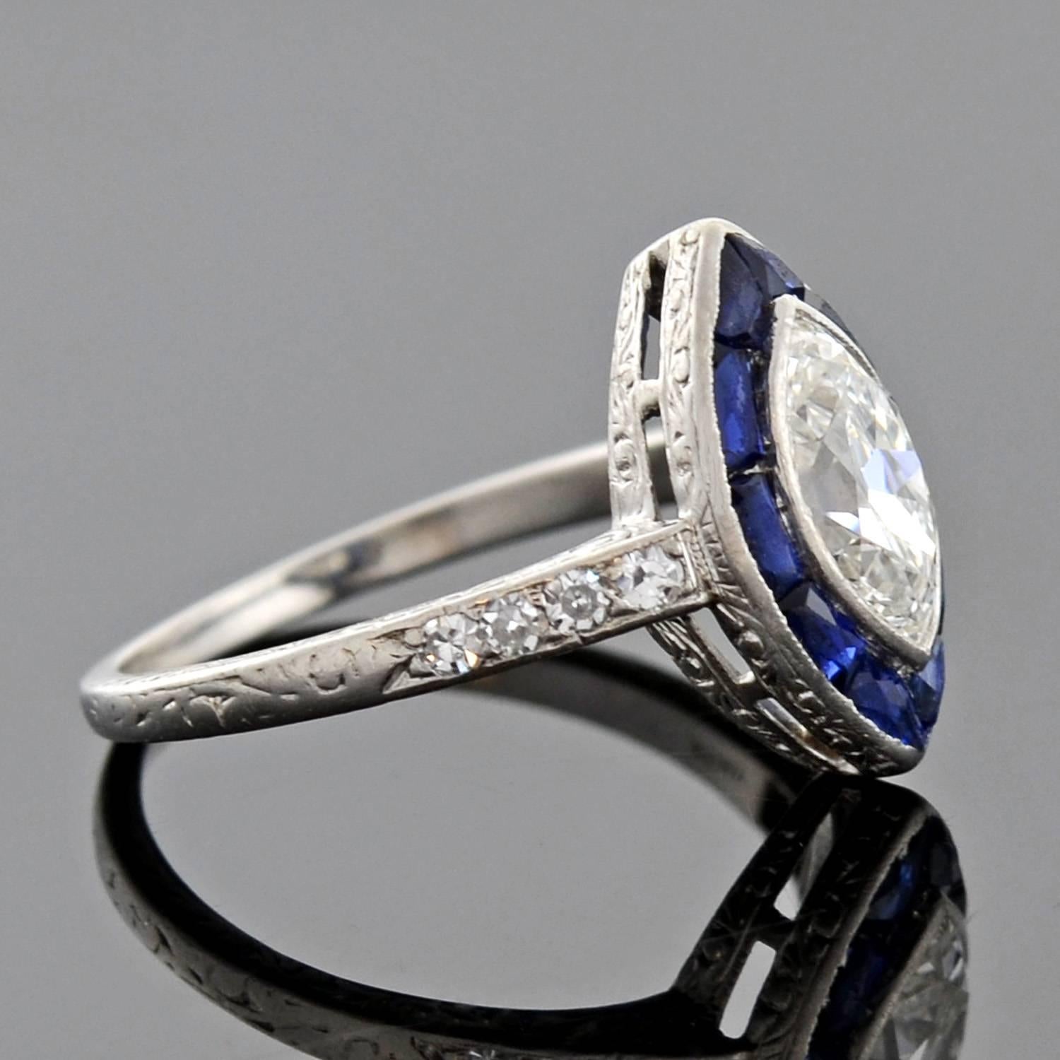 Art Deco 1.00 Carat Marquis Cut Diamond Sapphire Engagement Ring In Excellent Condition In Narberth, PA