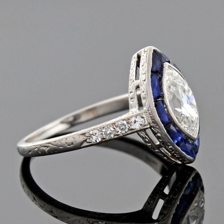 Art Deco 1.00 Carat Marquis Cut Diamond Sapphire Engagement Ring at 1stDibs