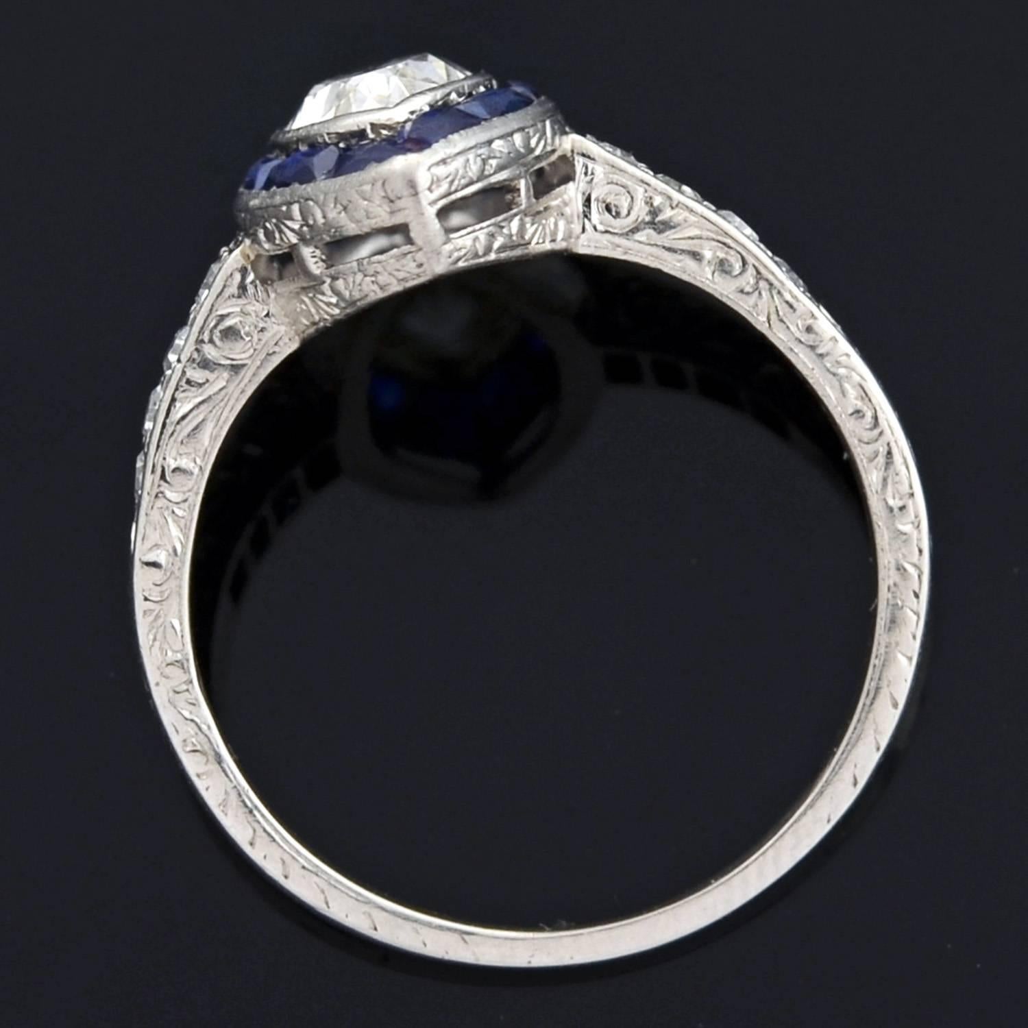 Women's Art Deco 1.00 Carat Marquis Cut Diamond Sapphire Engagement Ring