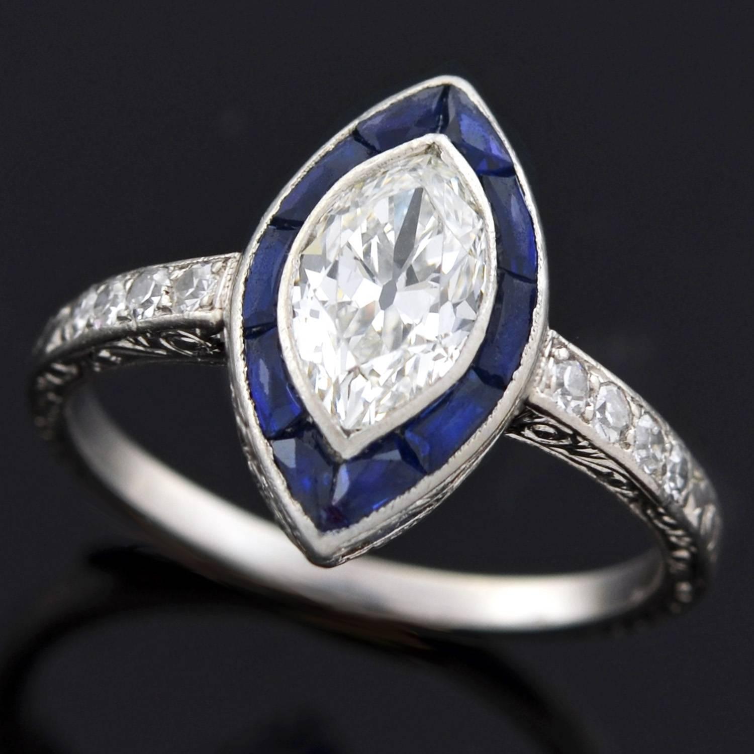 Art Deco 1.00 Carat Marquis Cut Diamond Sapphire Engagement Ring 1