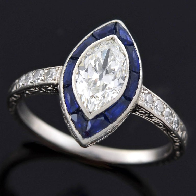 Art Deco 1.00 Carat Marquis Cut Diamond Sapphire Engagement Ring at 1stDibs