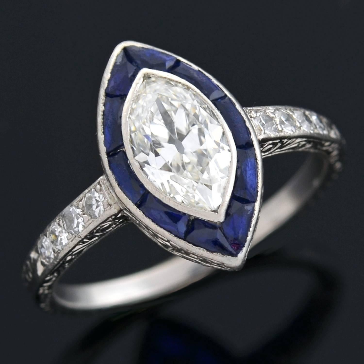 Art Deco 1.00 Carat Marquis Cut Diamond Sapphire Engagement Ring 2