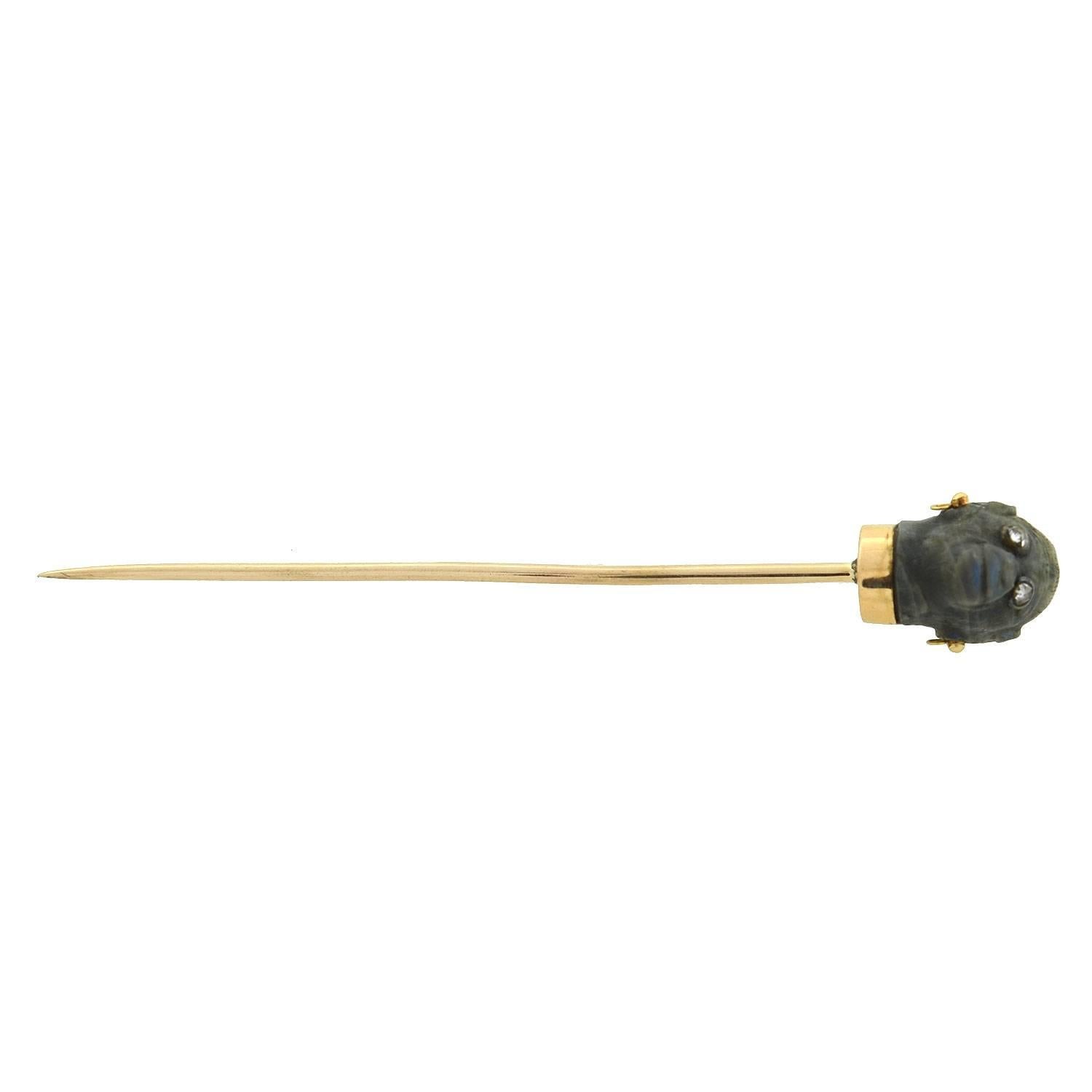 Épingle de bâton victorienne en labradorite, singe et diamant, sculptée à la main Unisexe en vente