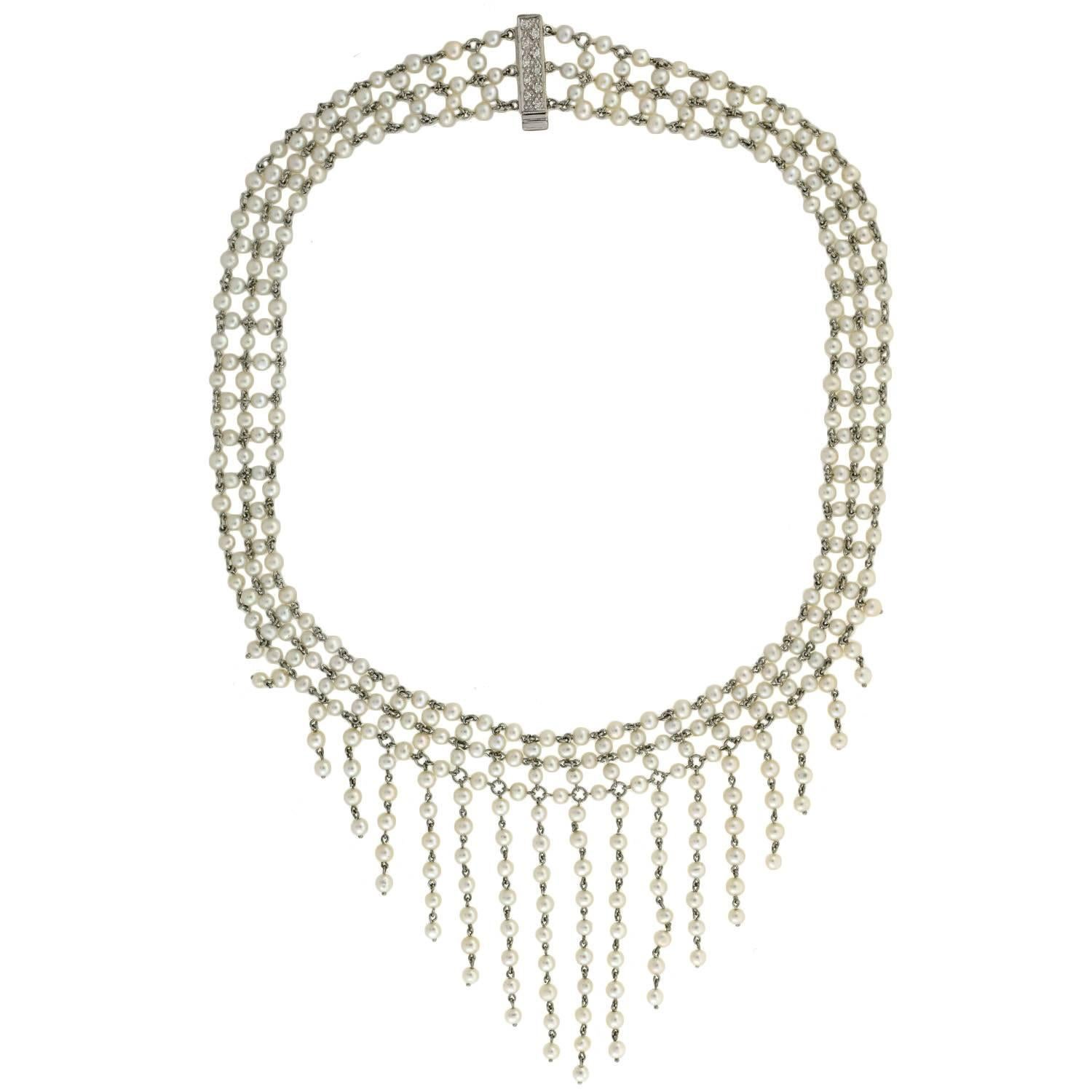 Halskette mit dramatischem mehrreihigen Perlen-Feston und Diamanten im Edwardianischen Stil