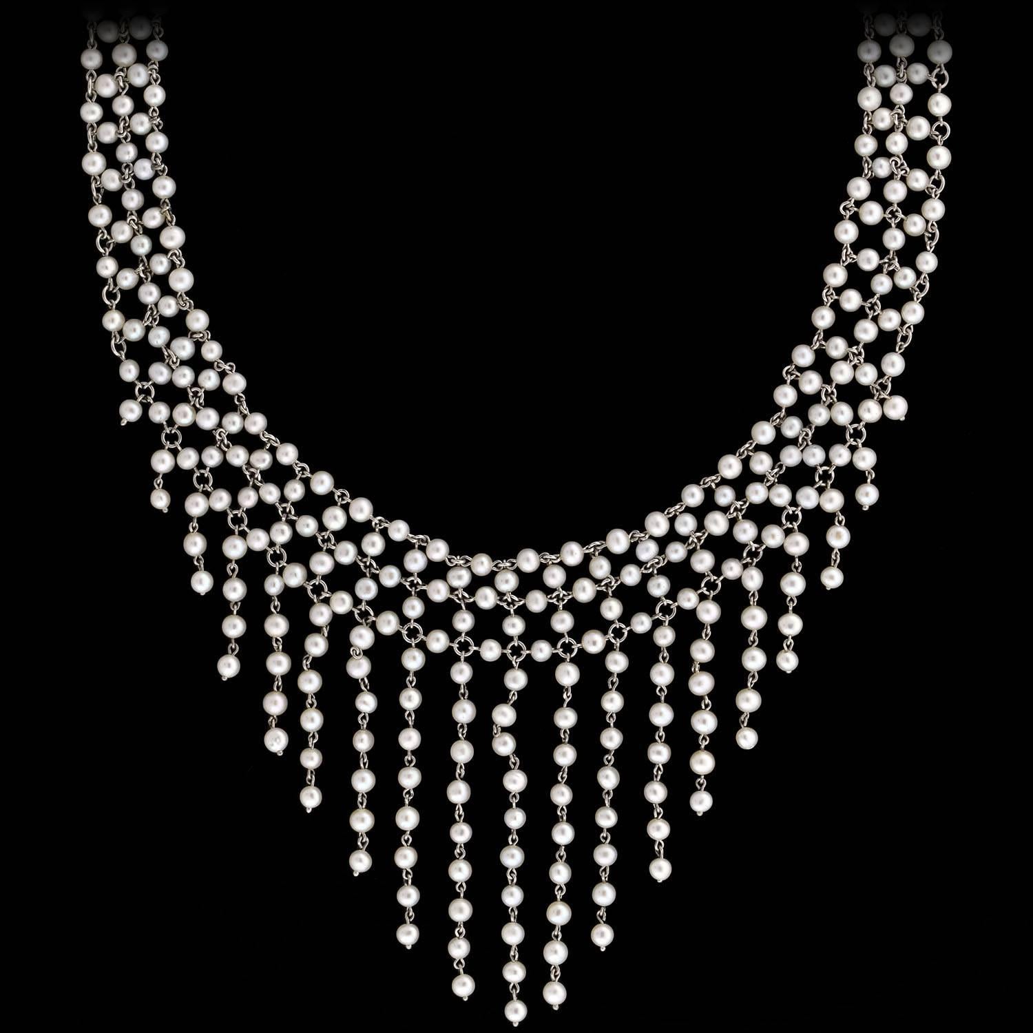 Édouardien Collier édouardien dramatique feston de perles multi-rangs et diamants en vente