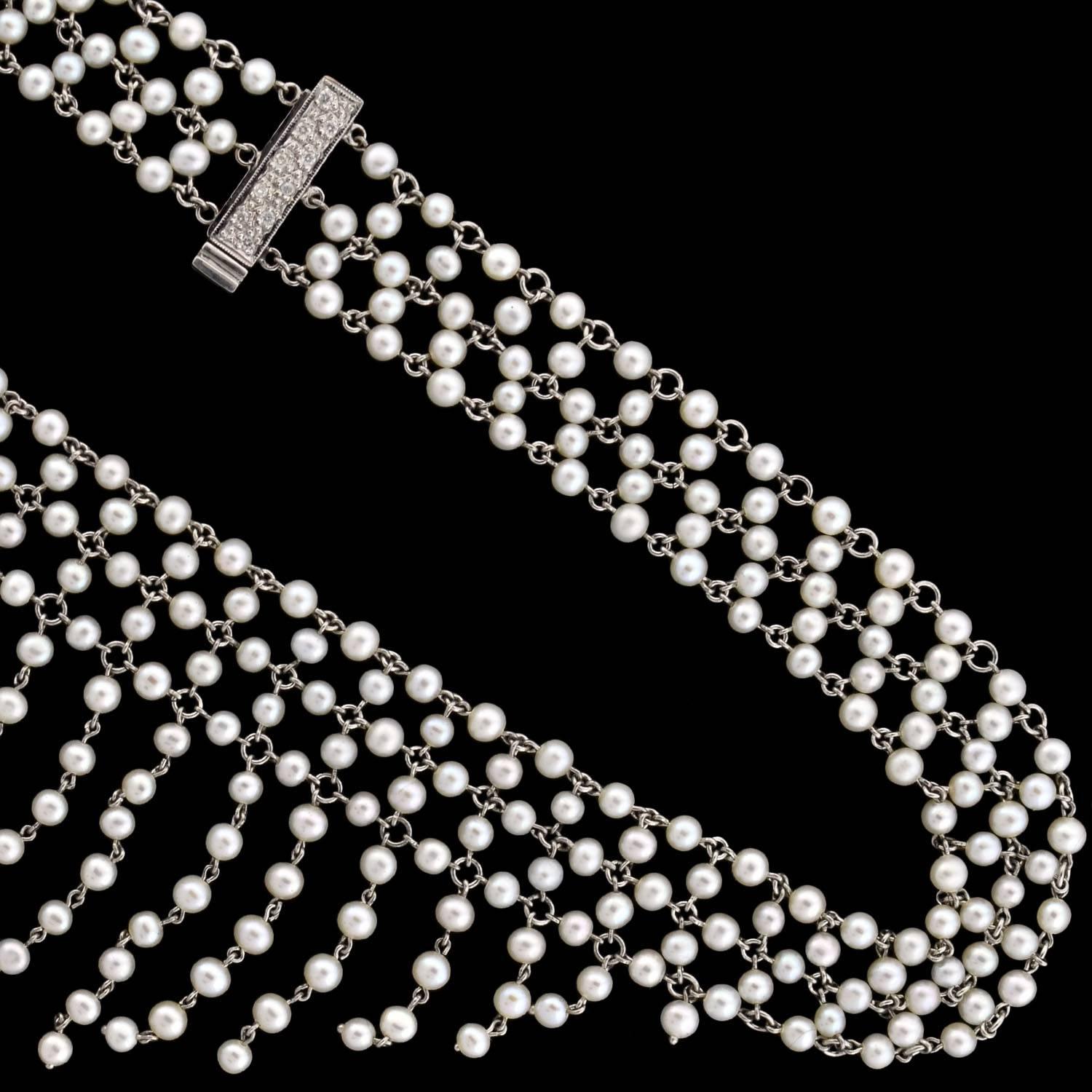 Edwardian Dramatic Multi Strand Pearl Festoon and Diamond Necklace For Sale 1