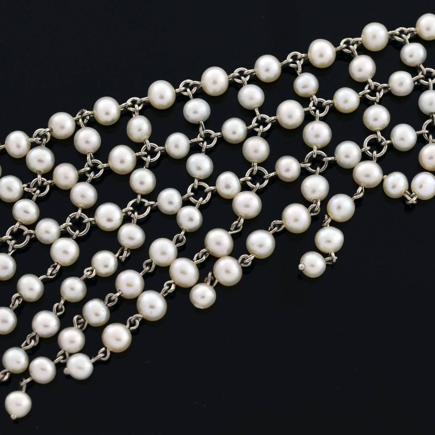 Edwardian Dramatic Multi Strand Pearl Festoon and Diamond Necklace For Sale 3