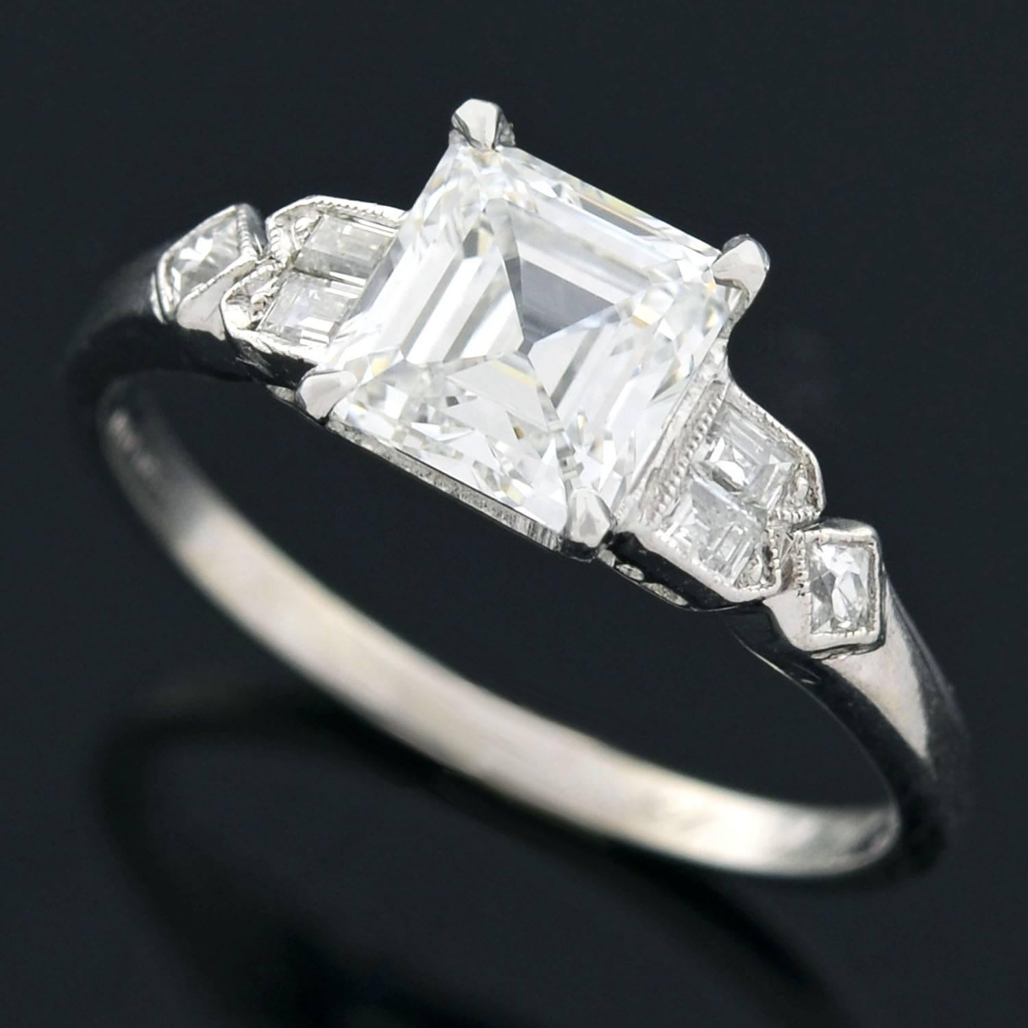 Retro GIA Certified 1.39 Carat Square Emerald Cut Diamond Engagement Ring In Excellent Condition In Narberth, PA
