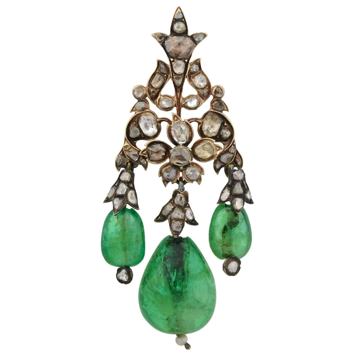 Exceptional Early Victorian Emerald, Diamond and Pearl Pendant in Original Box