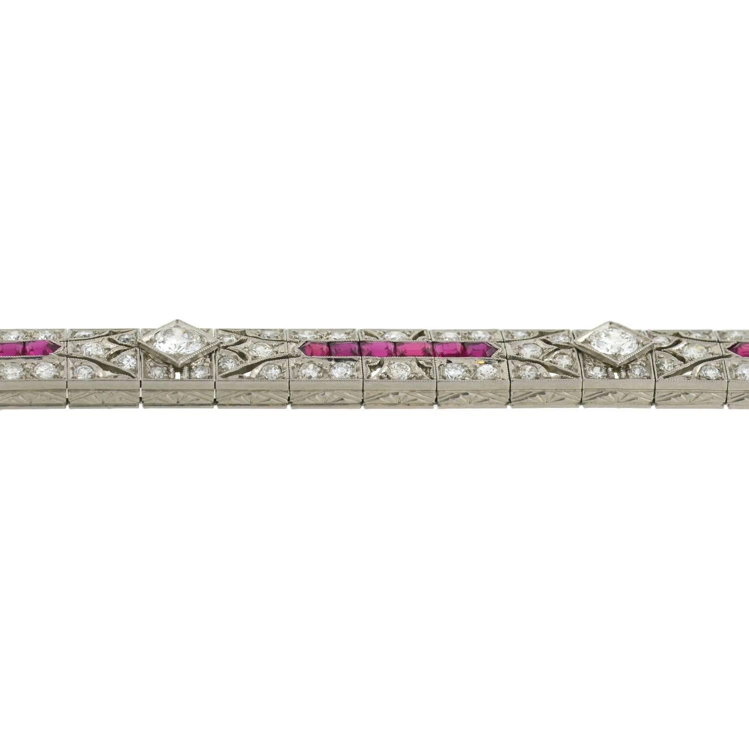 Art Deco Diamond and Natural Ruby Platinum Line Bracelet 1