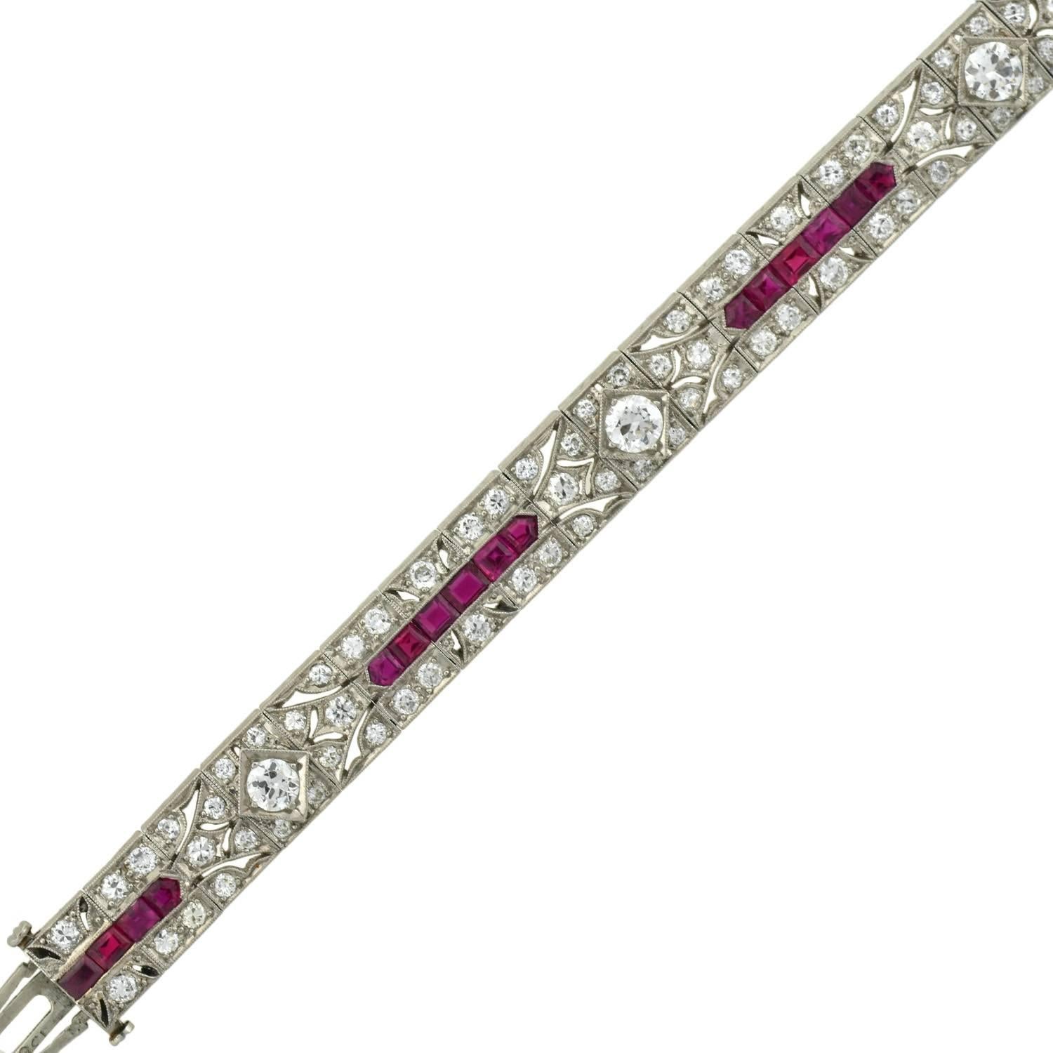 Art Deco Diamond and Natural Ruby Platinum Line Bracelet In Excellent Condition In Narberth, PA