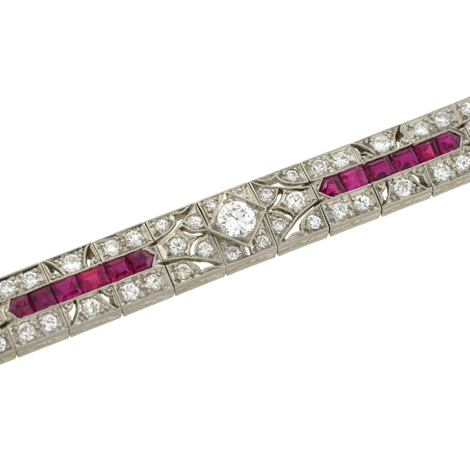 Women's Art Deco Diamond and Natural Ruby Platinum Line Bracelet
