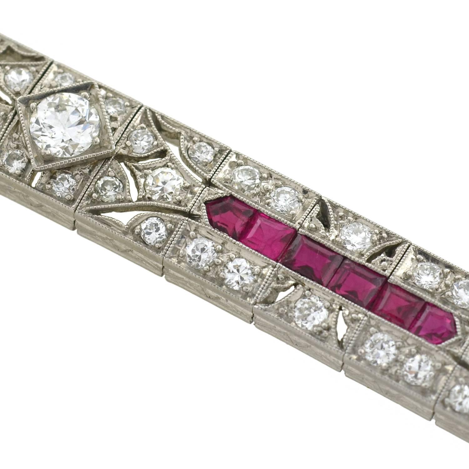 Art Deco Diamond and Natural Ruby Platinum Line Bracelet 2