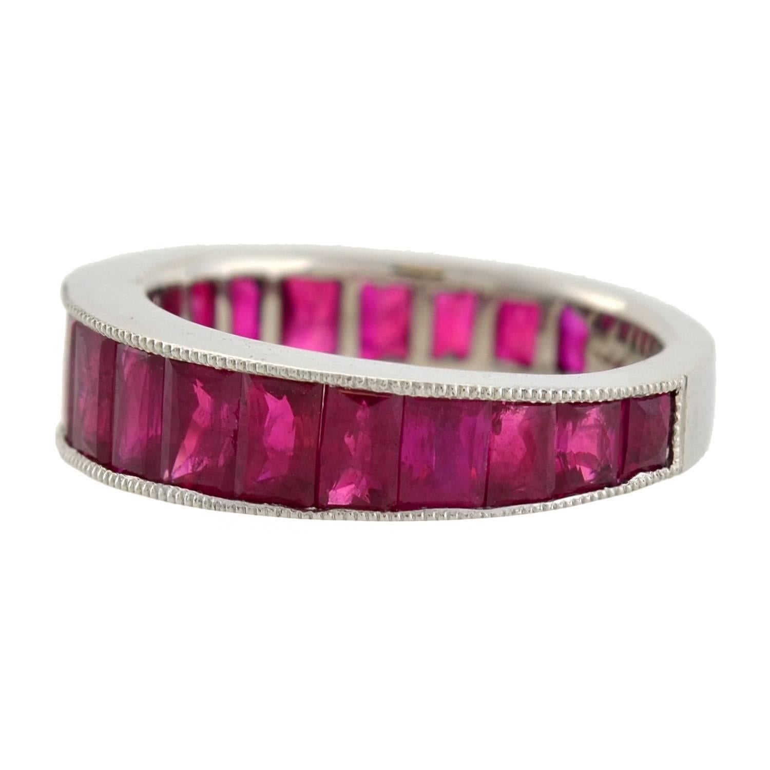 French Cut Contemporary 5.50 Total Carat Burmese Ruby Eternity Band Ring