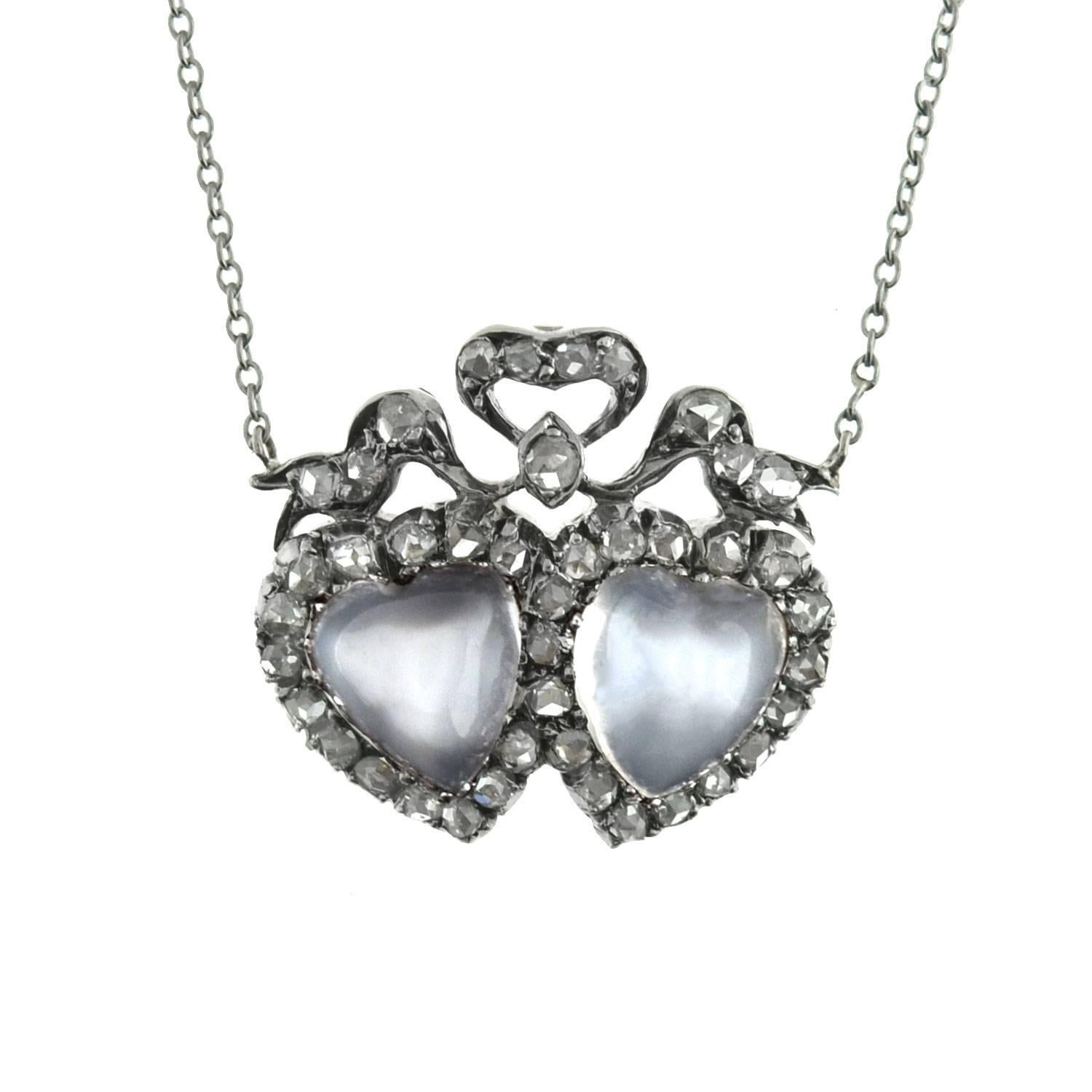 Victorian Carved Moonstone Diamond Double Heart Necklace