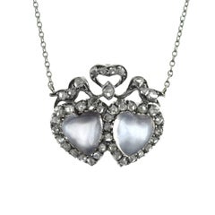 Victorian Carved Moonstone Diamond Double Heart Necklace