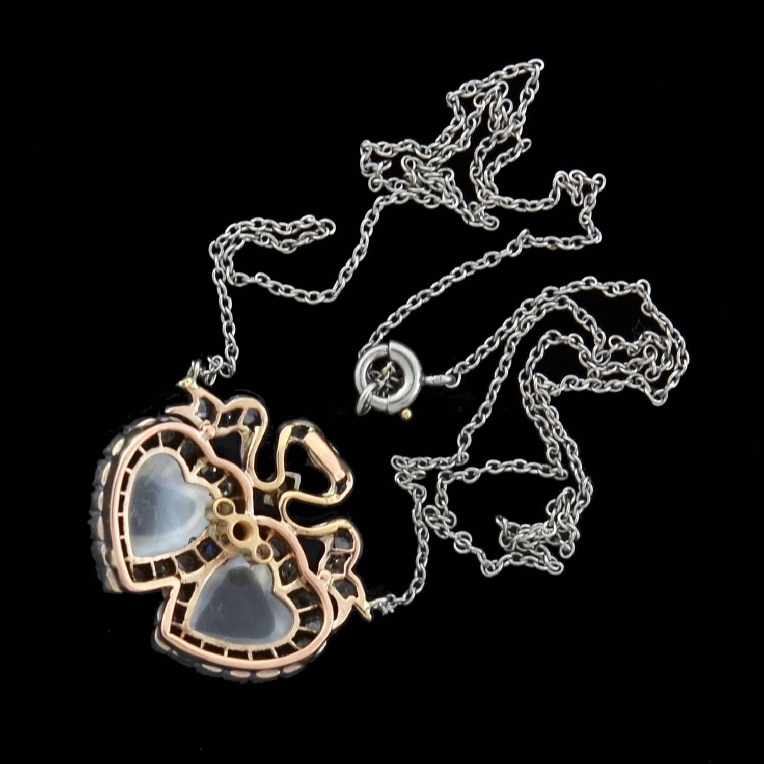 Rose Cut Victorian Carved Moonstone Diamond Double Heart Necklace