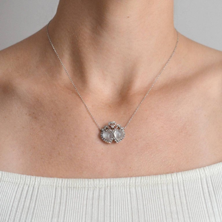Victorian Carved Moonstone Diamond Double Heart Necklace at 1stDibs