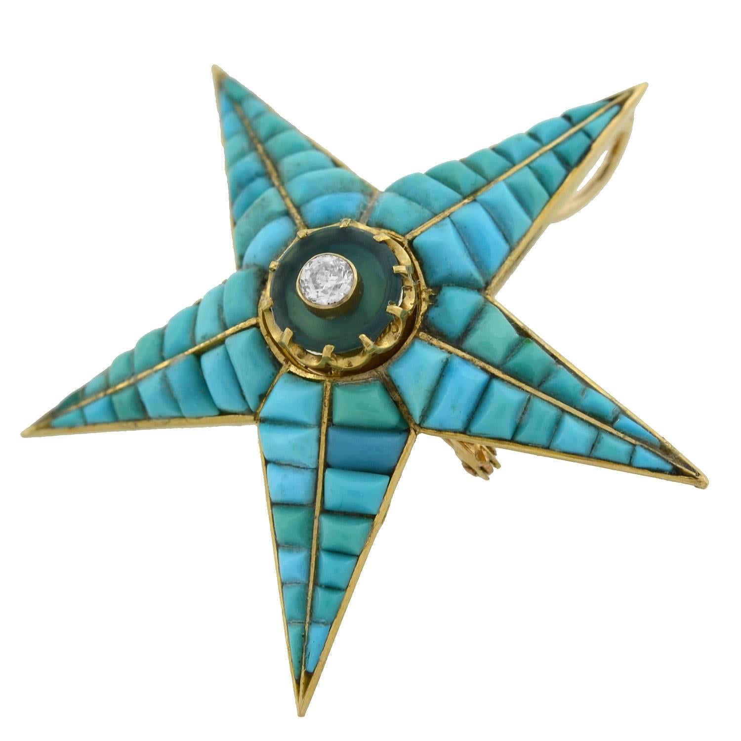 Old Mine Cut Victorian Tourmaline, Diamond, Calibrated Turquoise Starburst Pin Pendant