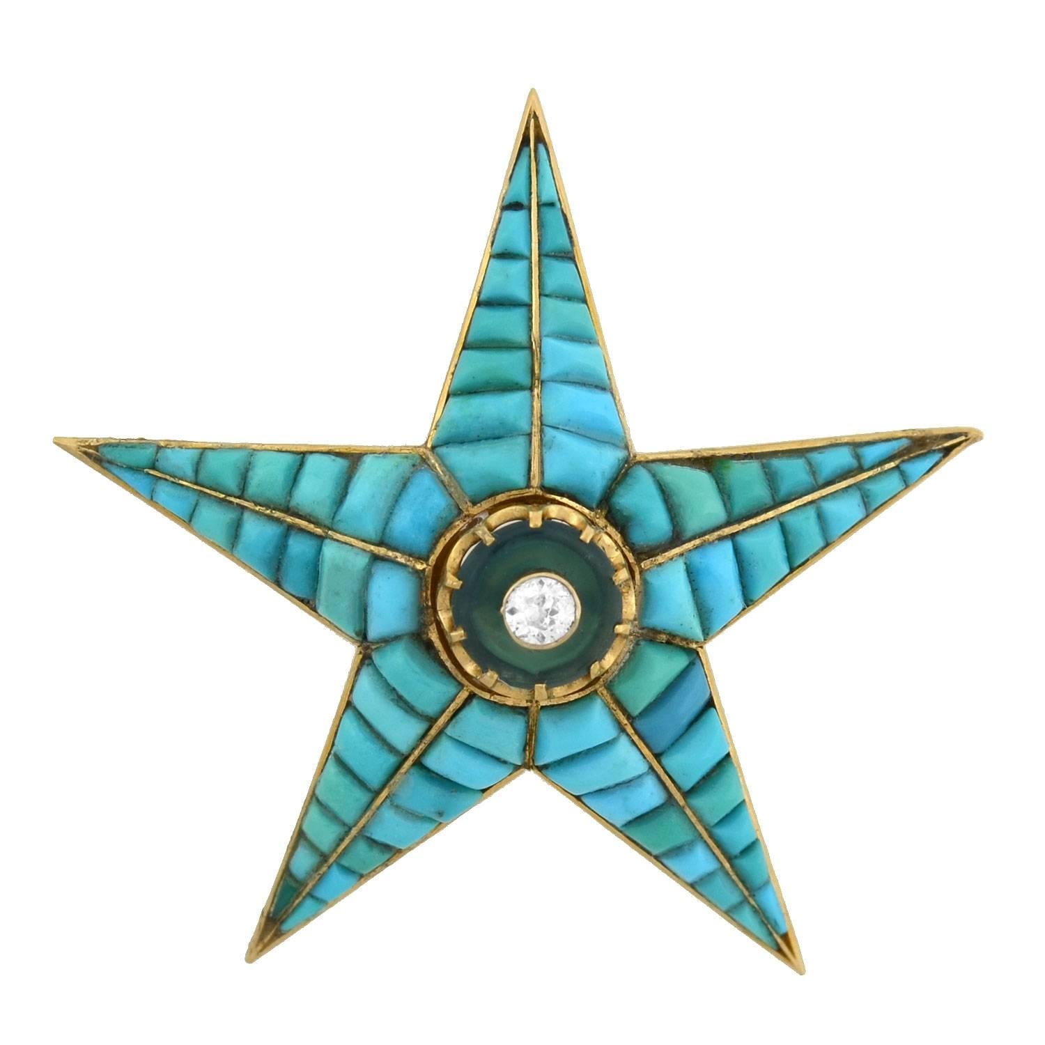 Victorian Tourmaline, Diamond, Calibrated Turquoise Starburst Pin Pendant