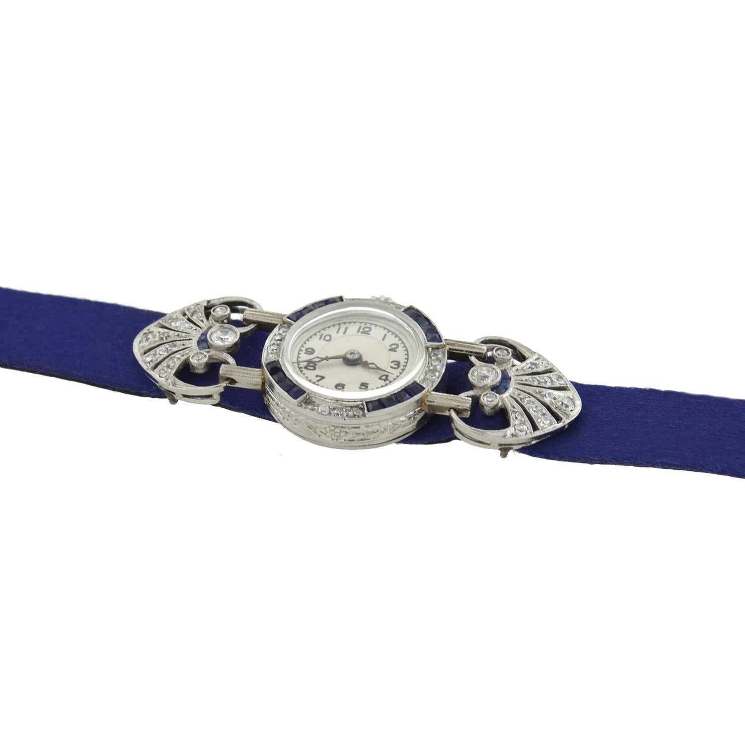 Women's Edwardian Ladies Platinum Diamond Sapphire Manual Wristwatch