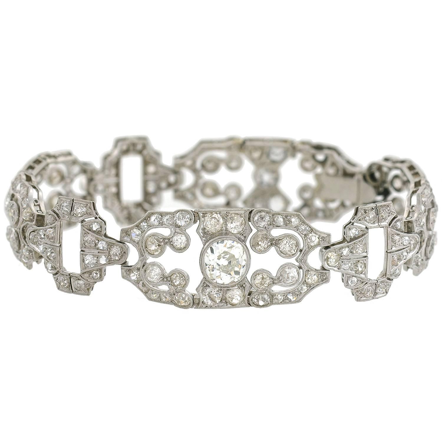 Art Deco 11.50 Total Carat Diamond Fancy Link Platinum Bracelet
