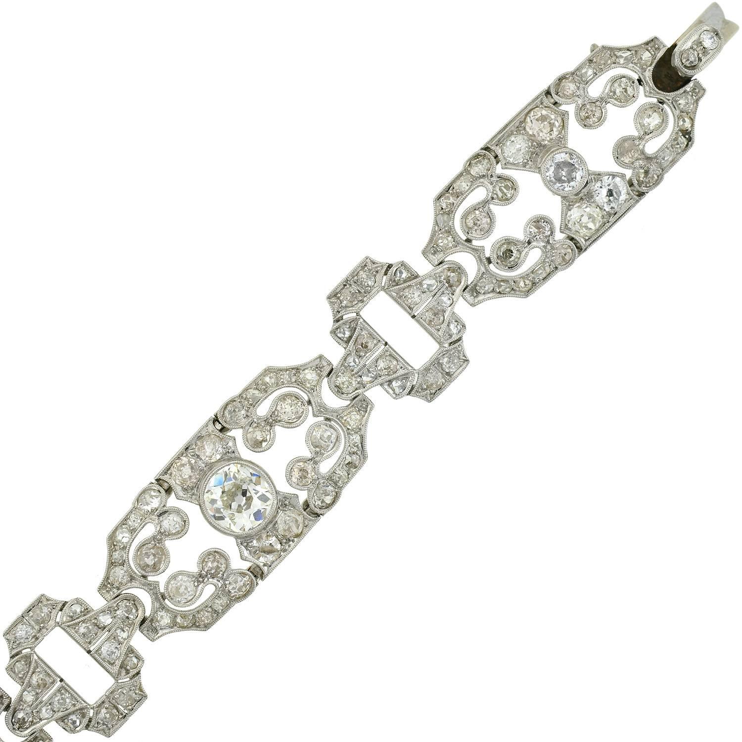 Old European Cut Art Deco 11.50 Total Carat Diamond Fancy Link Platinum Bracelet