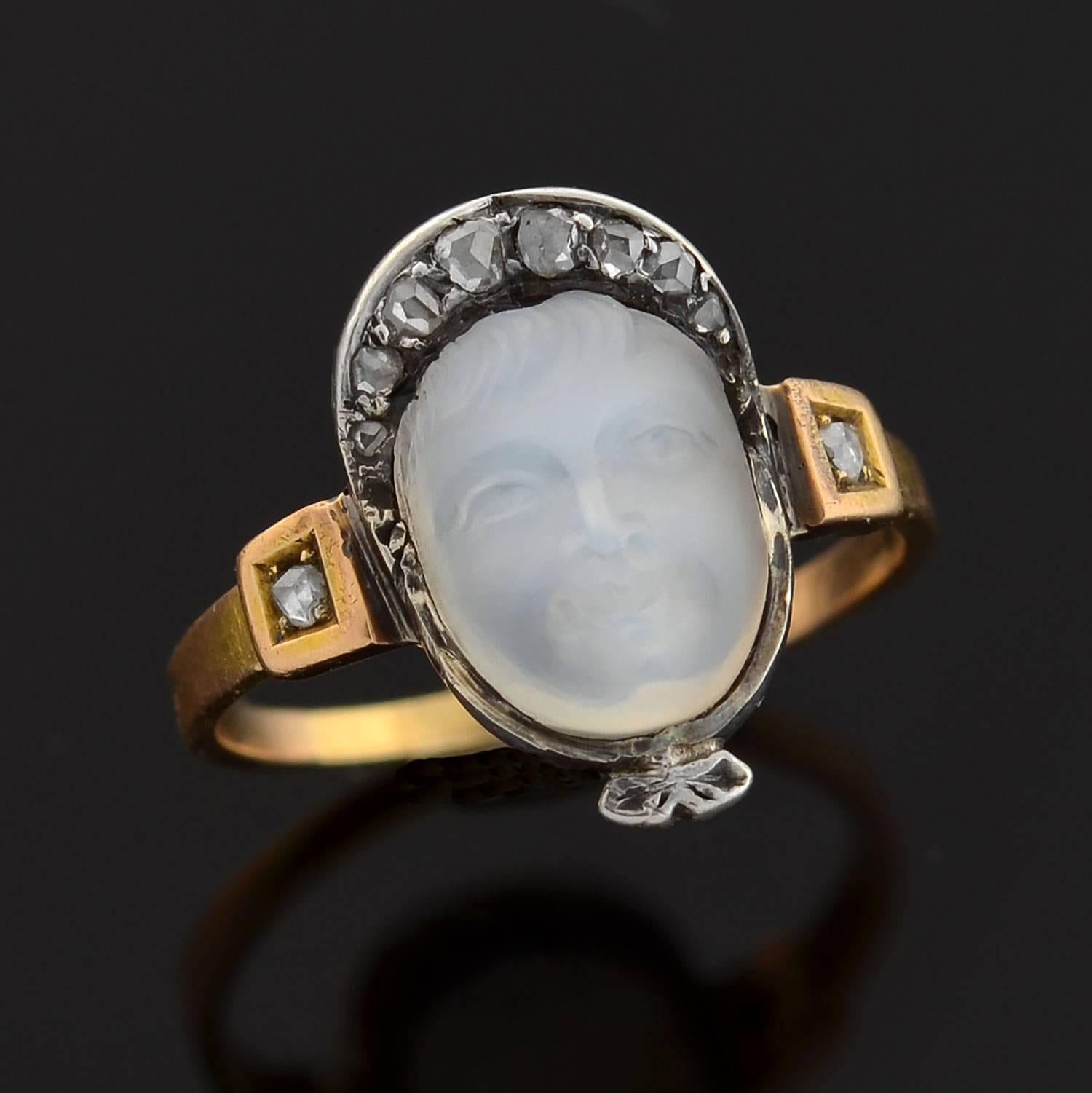 Rose Cut Victorian Diamond Hand-Carved Moonstone Baby Cameo Ring