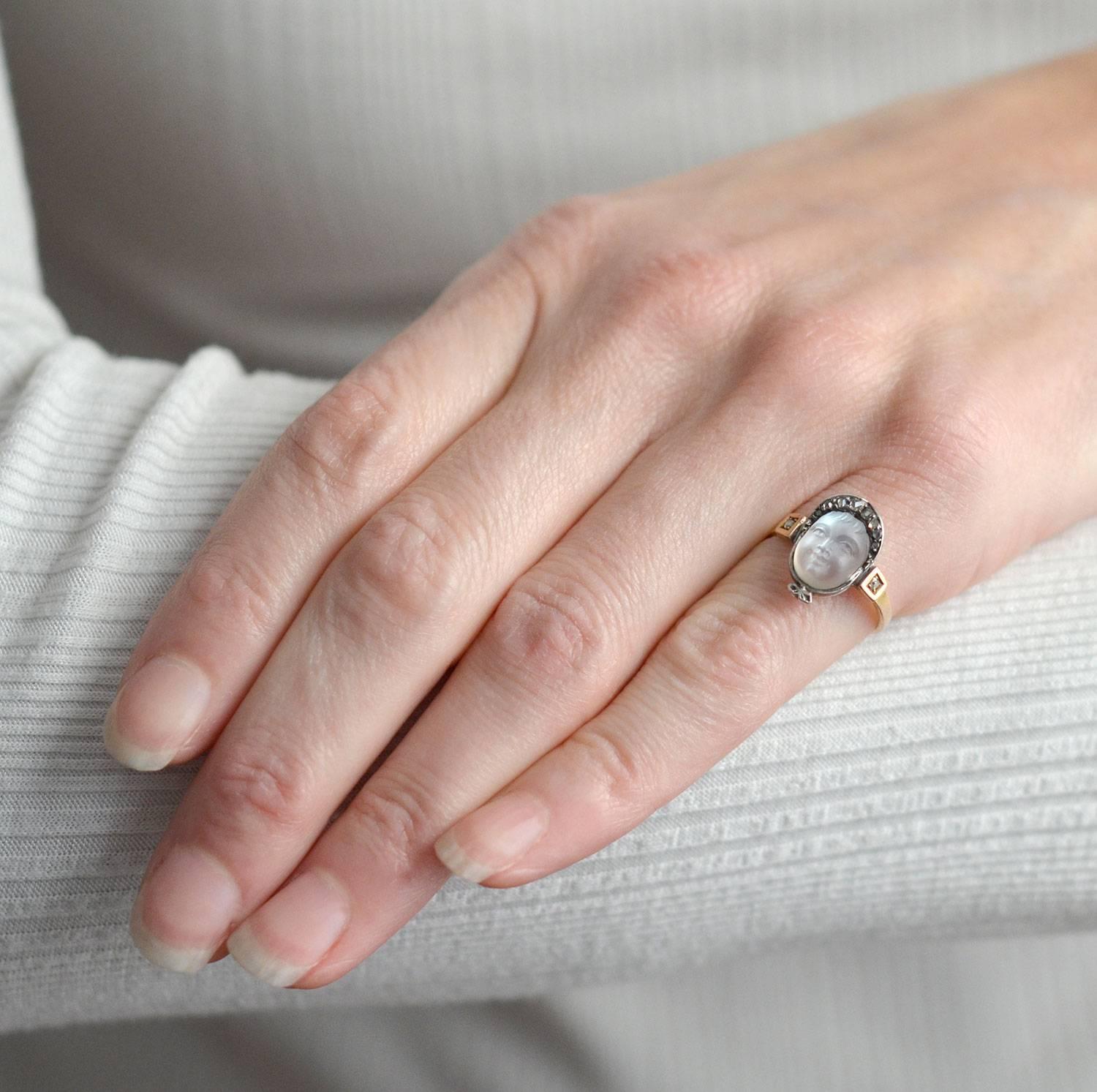 Women's Victorian Diamond Hand-Carved Moonstone Baby Cameo Ring