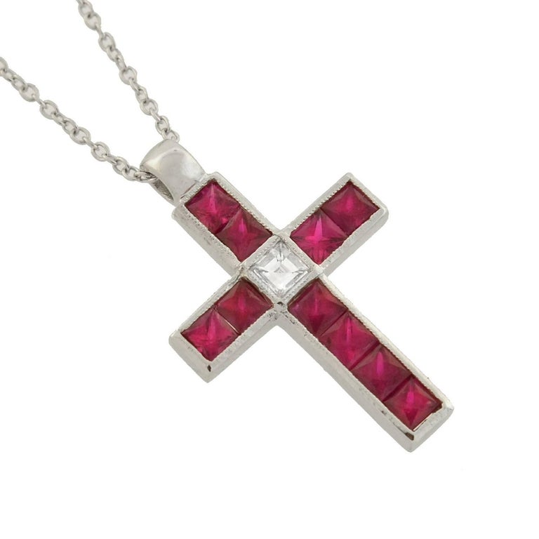 Vintage French Cut Ruby Diamond Cross Pendant Necklace at 1stDibs