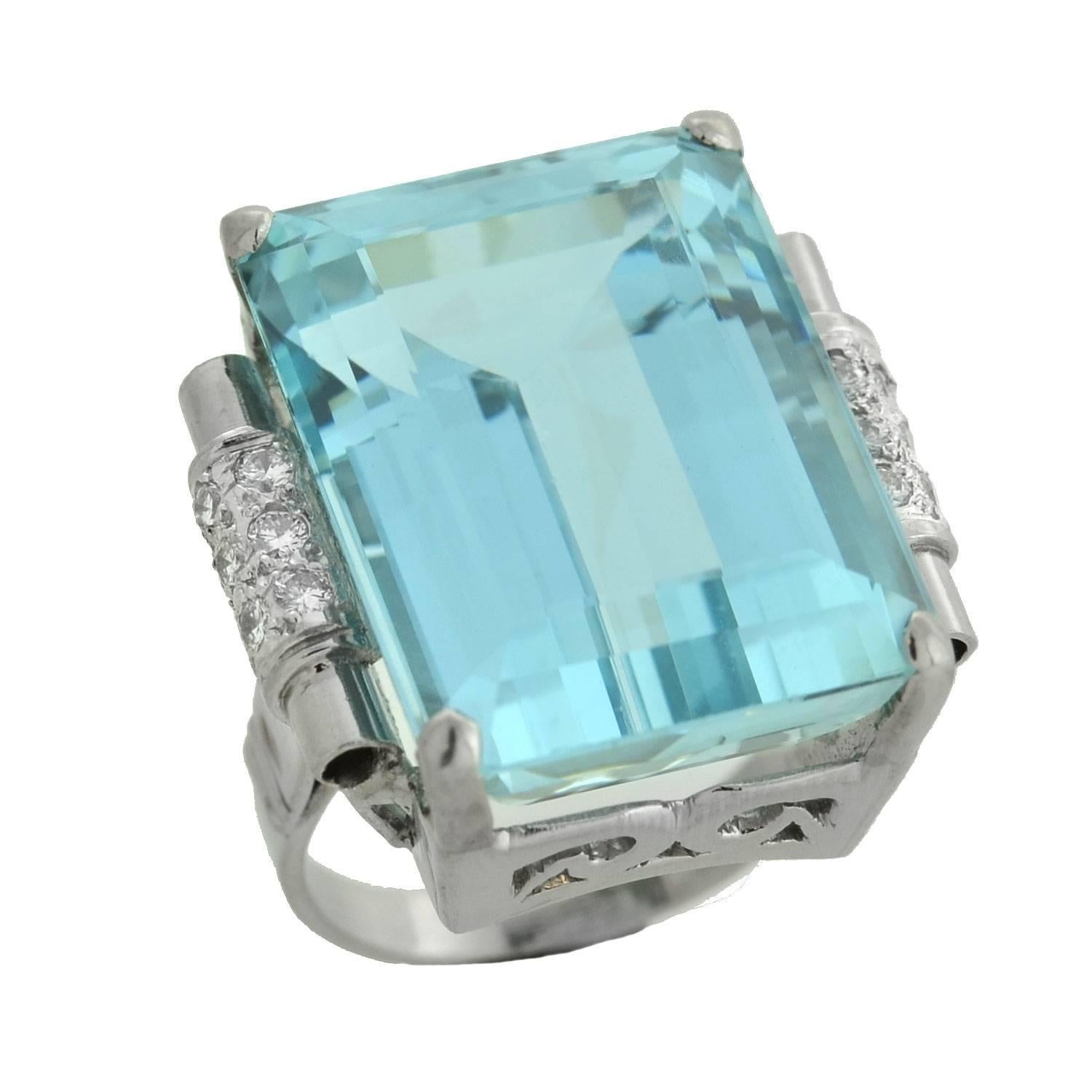 Emerald Cut Retro 33 Carat Aquamarine Diamond Platinum Cocktail Ring