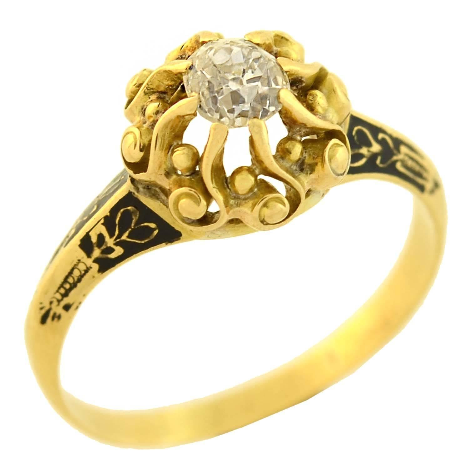 Women's Georgian Enameled 0.60 Carat Diamond Engagement Ring For Sale