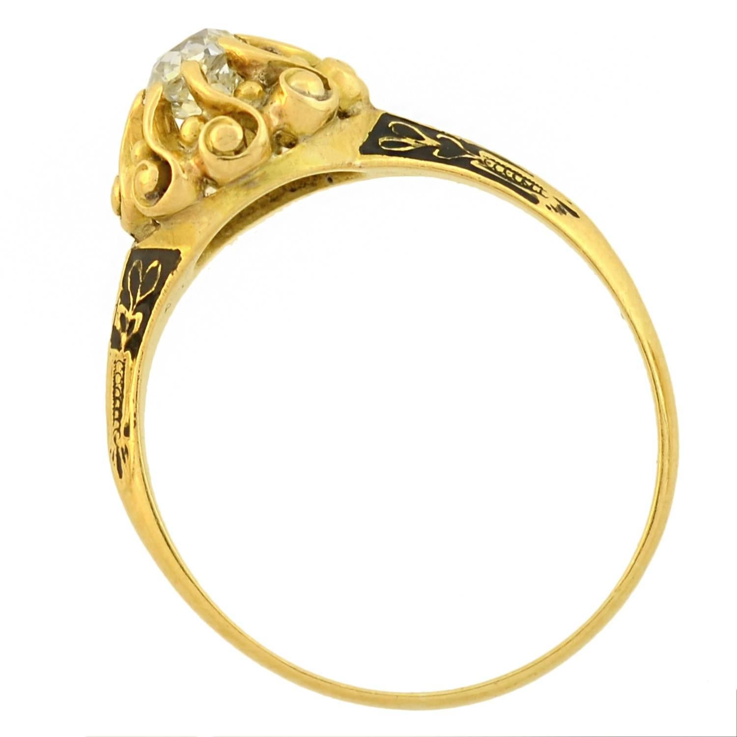 Old Mine Cut Georgian Enameled 0.60 Carat Diamond Engagement Ring For Sale
