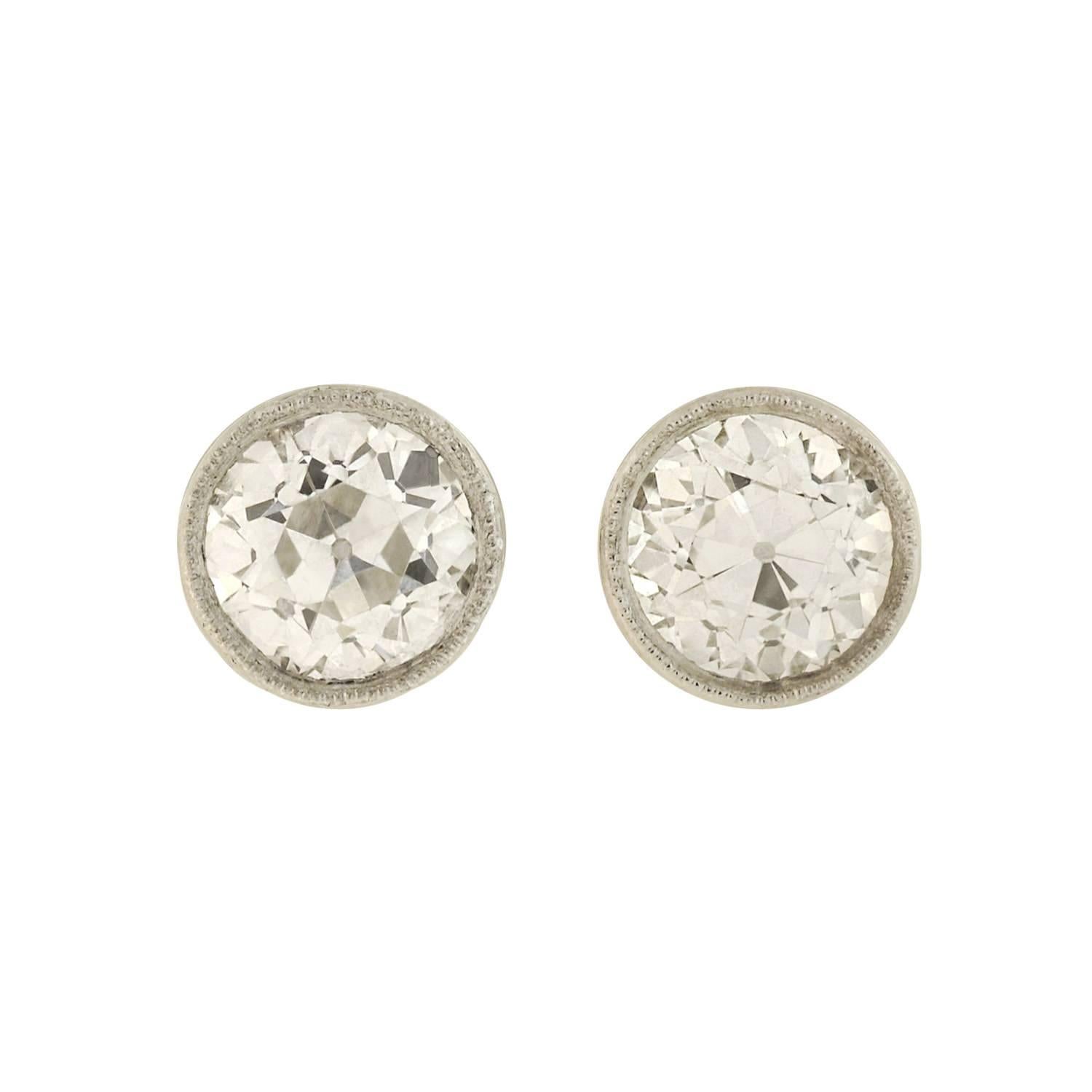 Art Deco Martini-Set 2.26 Total Carats Old European Diamond Stud Earrings