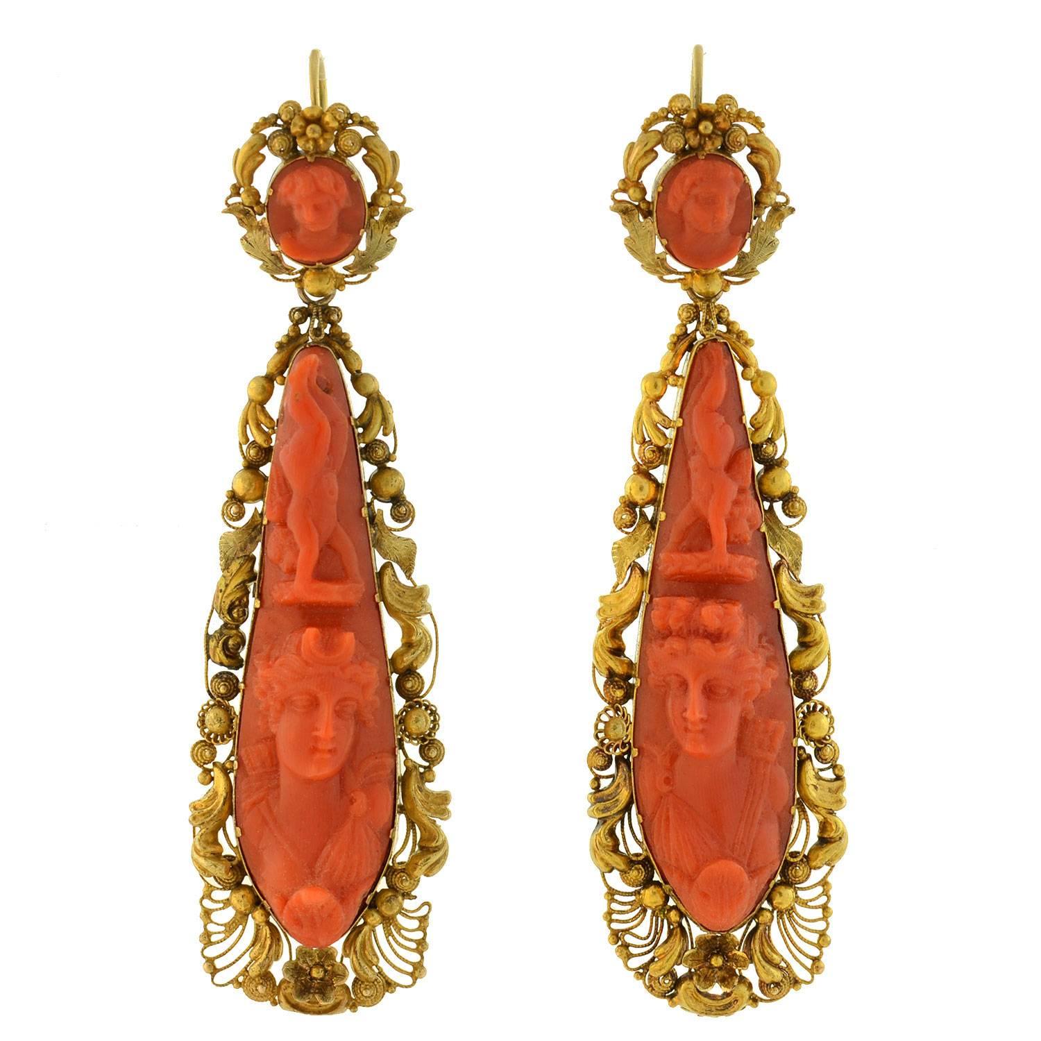 Victorian Dramatic Carved Coral Cannetille Wirework Day Night Earrings