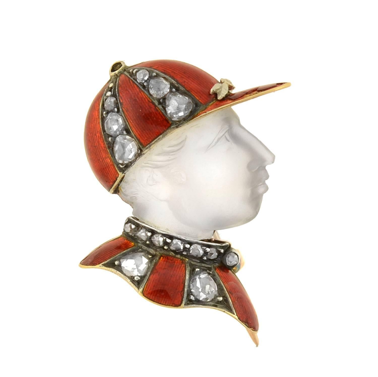 Victorian French Diamond Moonstone Enameled "Fred Archer" Jockey Pin